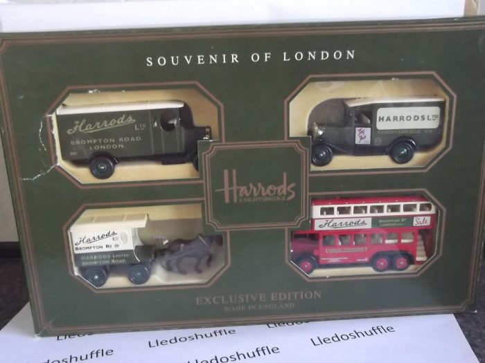 Harrods, Knightsbridge, Souvenir of London, 4 piece set, Horse Drawn Delivery Van, Model A Ford Van, Morris Van & AEC Renown Bus, HD1004 - Image 6