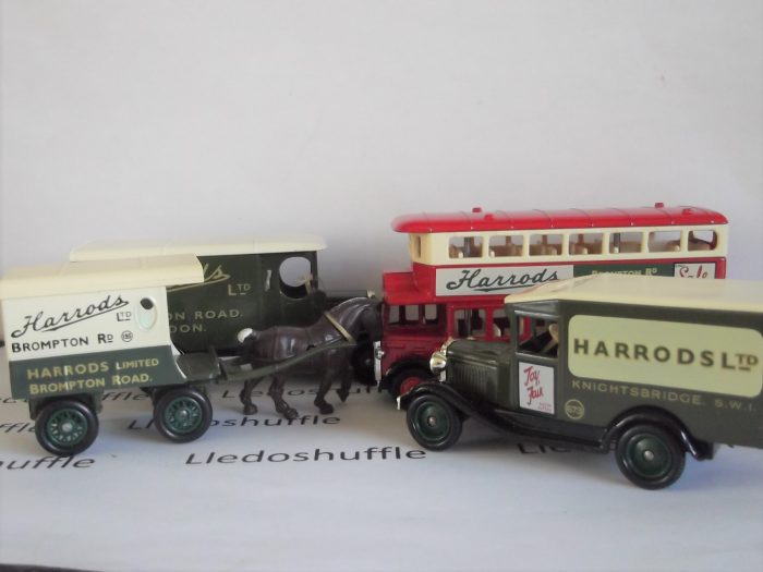 Harrods, Knightsbridge, Souvenir of London, 4 piece set, Horse Drawn Delivery Van, Model A Ford Van, Morris Van & AEC Renown Bus, HD1004