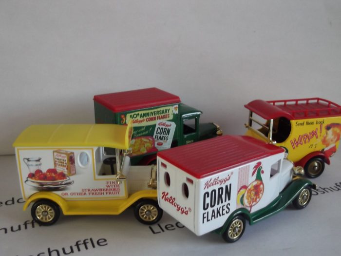 Kelloggs Corn Flakes, 4 piece set, Model T Ford Van, Model A Ford Van, Bull Nose Morris Van & Chevrolet Box Van, KG2004