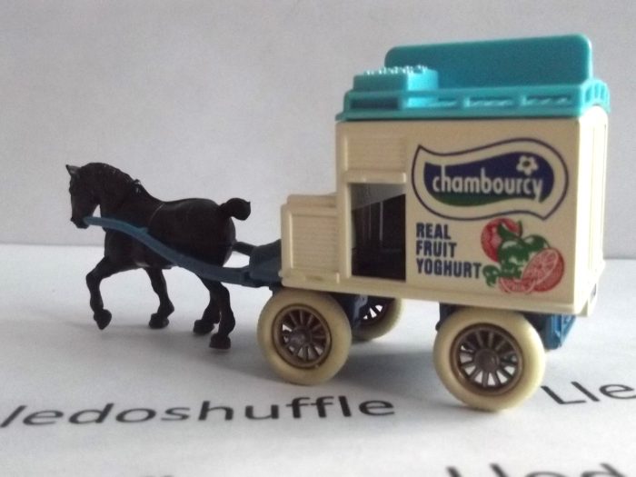 DG02001, Horse Drawn Milk Float, Chambourcy, Light Blue Chassis, Black Horse, with DG on base